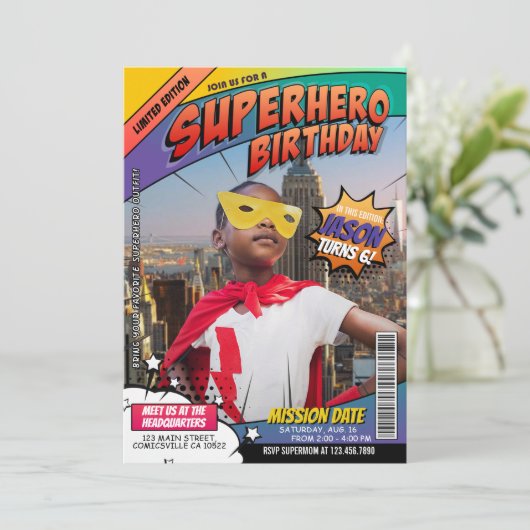 Superhero Comic Magazine Birthday Einladung (Stehend Vorderseite)