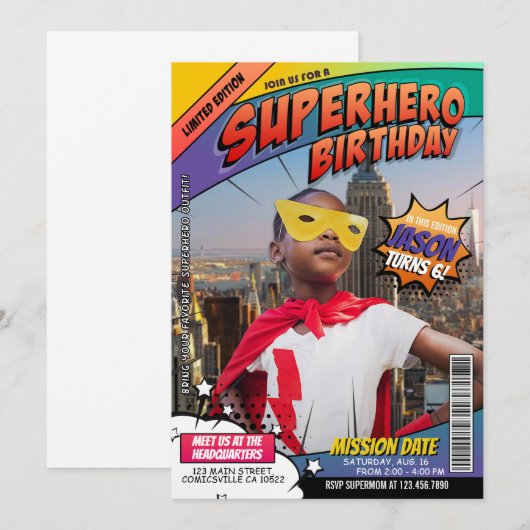 Superhero Comic Magazine Birthday Einladung (Vorne/Hinten)