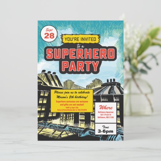 Superhero Comic Party Einladung (Stehend Vorderseite)