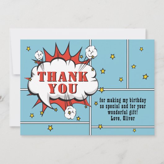 Superhero Comic Speech Bubble Boy Birthday Dankeskarte (Vorderseite)
