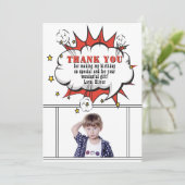 Superhero Comic Speech Bubble Boy Birthday Dankeskarte (Stehend Vorderseite)