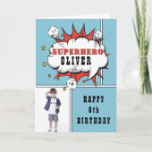 Superhero Comic Speech Bubble Boy Birthday Foto Karte (Vorderseite)