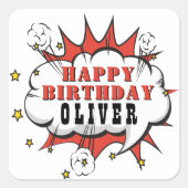 Superhero Comic Speech Bubble Boy Happy Birthday Quadratischer Aufkleber (Vorderseite)