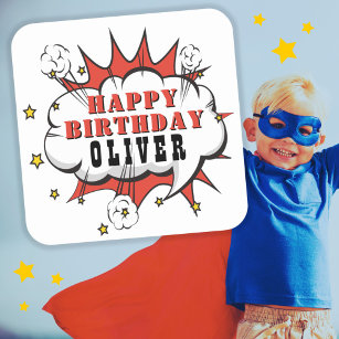 Superhero Comic Speech Bubble Boy Happy Birthday Quadratischer Aufkleber