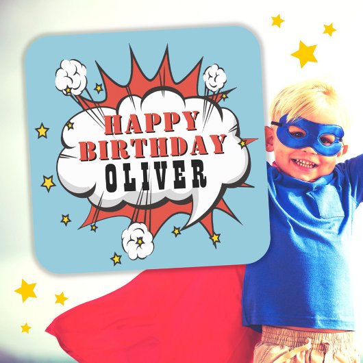 Superhero Comic Speech Bubble Boy Happy Birthday Quadratischer Aufkleber