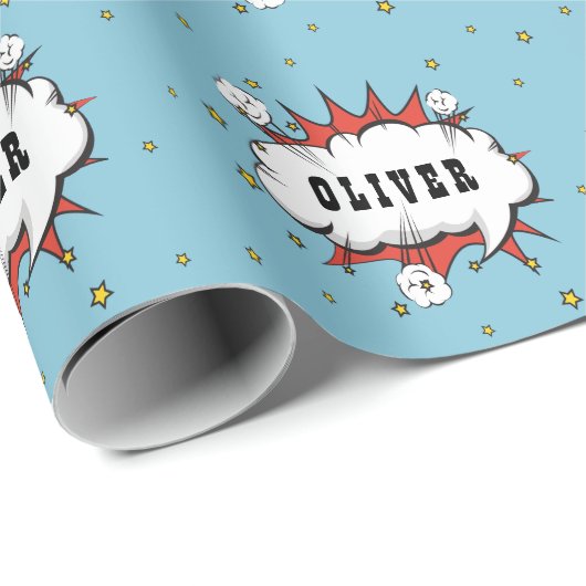 Superhero Comic Speech Bubble Boy Name Geschenkpapier (Rolleneckpunkt)