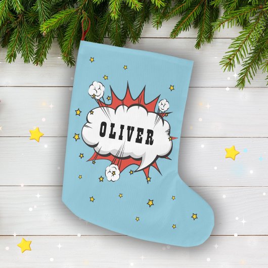 Superhero Comic Speech Bubble Boy Name Großer Weihnachtsstrumpf