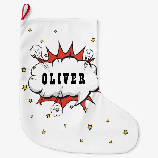 Superhero Comic Speech Bubble Boy Name Großer Weihnachtsstrumpf (Vorderseite)