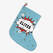 Superhero Comic Speech Bubble Boy Name Großer Weihnachtsstrumpf (Vorderansicht (hängend))