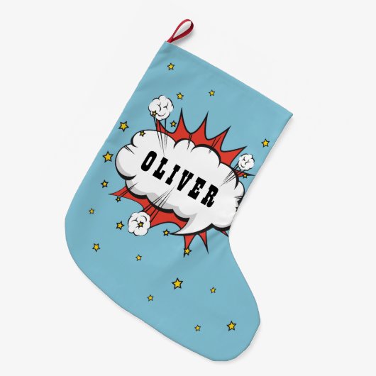 Superhero Comic Speech Bubble Boy Name Großer Weihnachtsstrumpf (Vorderansicht (hängend))