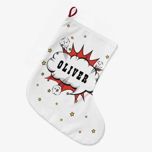 Superhero Comic Speech Bubble Boy Name Large Chris Großer Weihnachtsstrumpf (Vorderansicht (hängend))