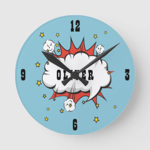 Superhero Comic Speech Bubble Boy Name Runde Wanduhr