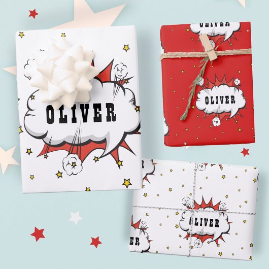 Superhero Comic Speech Bubble Red Boy Name Geschenkpapier Set