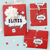 Superhero Comic Speech Bubble Red Boy Name Geschenkpapier Set