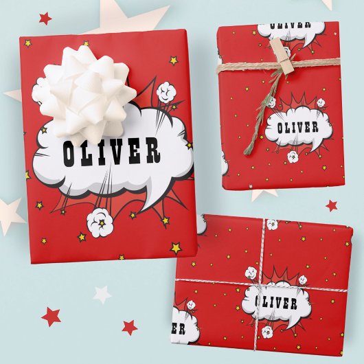 Superhero Comic Speech Bubble Red Boy Name Geschenkpapier Set