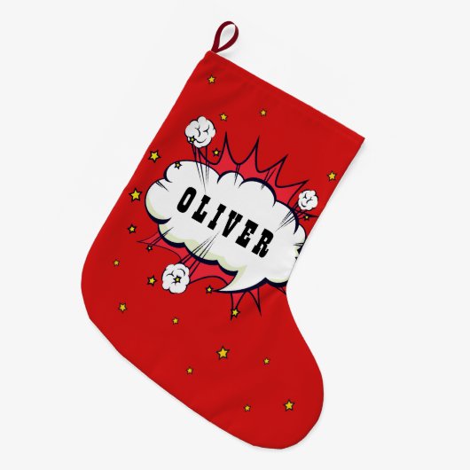 Superhero Comic Speech Bubble Red Boy Name Großer Weihnachtsstrumpf (Vorderansicht (hängend))