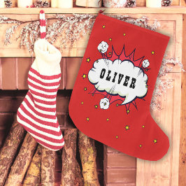 Superhero Comic Speech Bubble Red Boy Name Großer Weihnachtsstrumpf