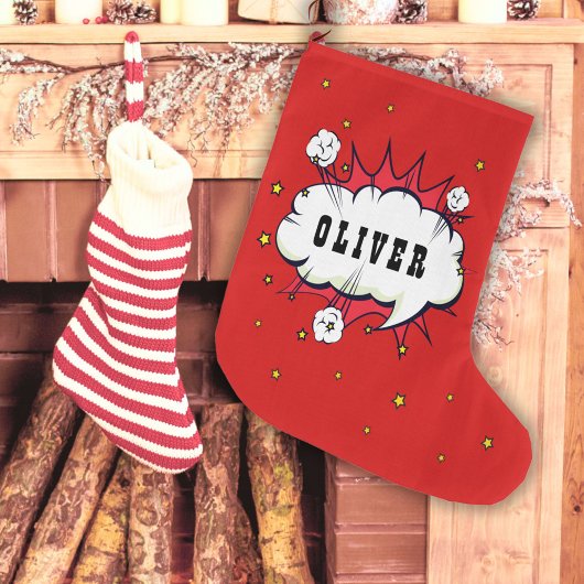 Superhero Comic Speech Bubble Red Boy Name Großer Weihnachtsstrumpf