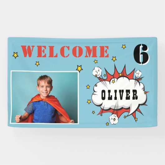 Superhero Comic Speech Cloud Boy Birthday Foto Banner (Horizontal)