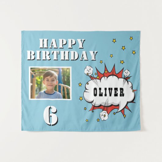 Superhero Comic Speech Cloud Boy Birthday Foto Wandteppich (Vorderseite (Horizontal))