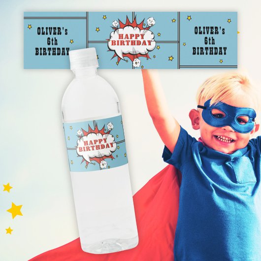 Superhero Comic Speech Cloud Boy Geburtstag Wasserflaschenetikett
