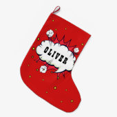 Superhero Comic Speech Cloud Boy Name Großer Weihnachtsstrumpf (Vorderansicht (hängend))