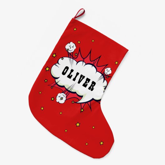 Superhero Comic Speech Cloud Boy Name Großer Weihnachtsstrumpf (Vorderansicht (hängend))