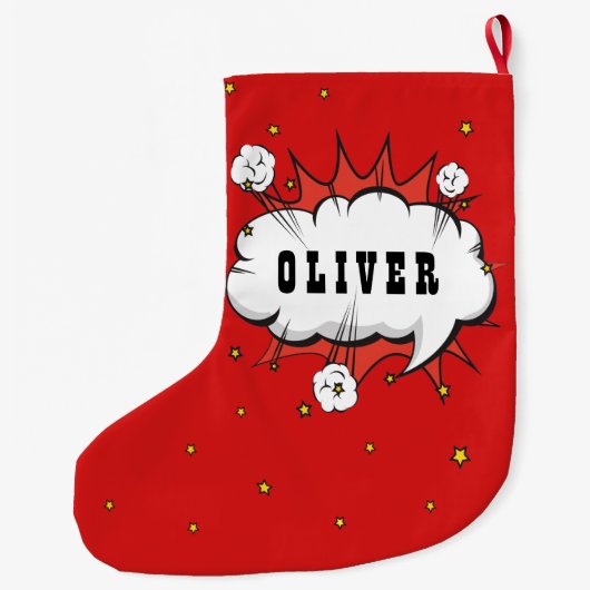 Superhero Comic Speech Cloud Boy Name Großer Weihnachtsstrumpf (Rückseite)