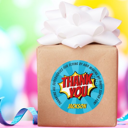 Superhero Comic Style Boy Birthday Blue Vielen Dan Runder Aufkleber