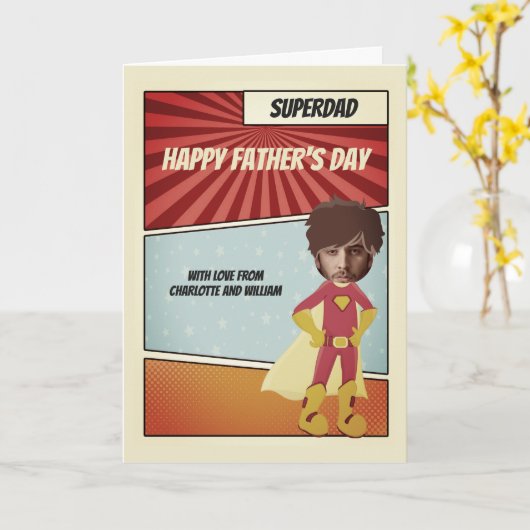 Superhero Comic Vater Happy Vathers Day Personalis Karte (Gelbe Blume)