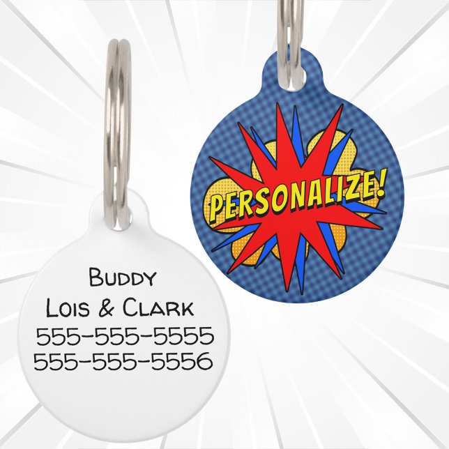 Superhero Custom Comic Book Dog ID Tag Haustiermarke (Fun personalized comic book style dog ID tag.)