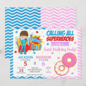 Superhero & Donut Joint Birthday Invitation Einladung (Vorne/Hinten)