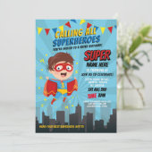 Superhero Einladung Boys Blue Girls Super Party (Stehend Vorderseite)
