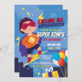 Superhero Einladung Boys Blue Stars Super Party (Vorne/Hinten)