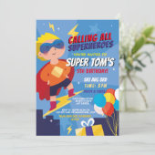 Superhero Einladung Boys Blue Stars Super Party (Stehend Vorderseite)