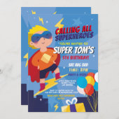 Superhero Einladung Boys Blue Stars Super Party (Vorne/Hinten)