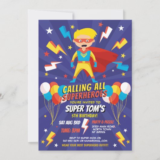 Superhero Einladung Boys Blue Stars Super Party (Vorderseite)