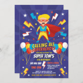 Superhero Einladung Boys Blue Stars Super Party (Vorne/Hinten)
