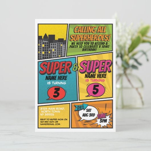 Superhero Einladung Gemeinsame Party Jungs Mädchen (Stehend Vorderseite)