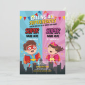 Superhero Einladung Pink Blue Joint Boy Girl (Stehend Vorderseite)