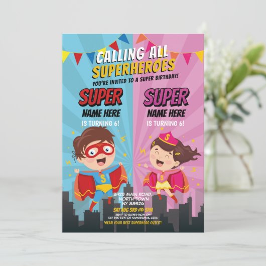Superhero Einladung Pink Blue Joint Boy Girl (Stehend Vorderseite)