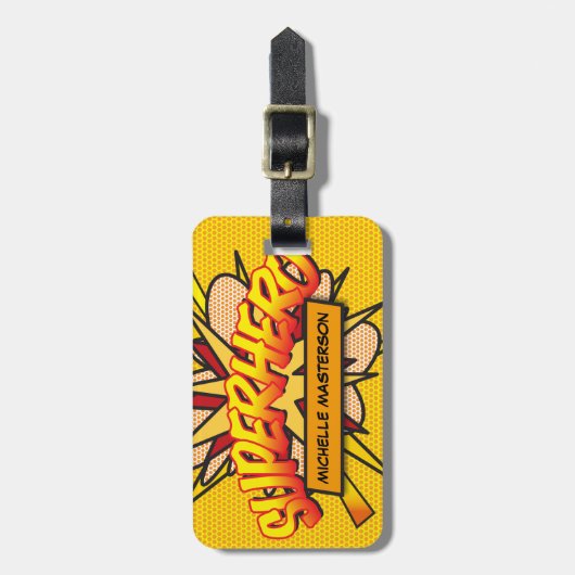 SUPERHERO Fun Retro Comic Pop Kunst, Dichtung und Gepäckanhänger (Vorderseite vertikal)