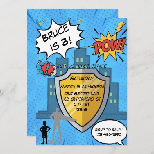 Superhero Geburtstagsparty Einladung (Vorne/Hinten)