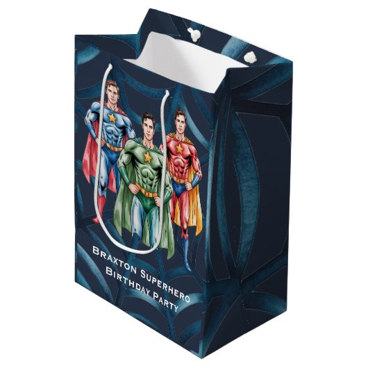 Superhero Geburtstagsparty für Jungen Mittlere Geschenktüte (Vorderseite Schrägansicht)