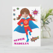 Superhero Girl Birthday Comic ⚡ Fun Fab USA Einladung (Stehend Vorderseite)
