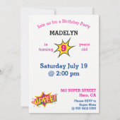 Superhero Girl Birthday Comic ⚡ Fun Fab USA Einladung (Rückseite)