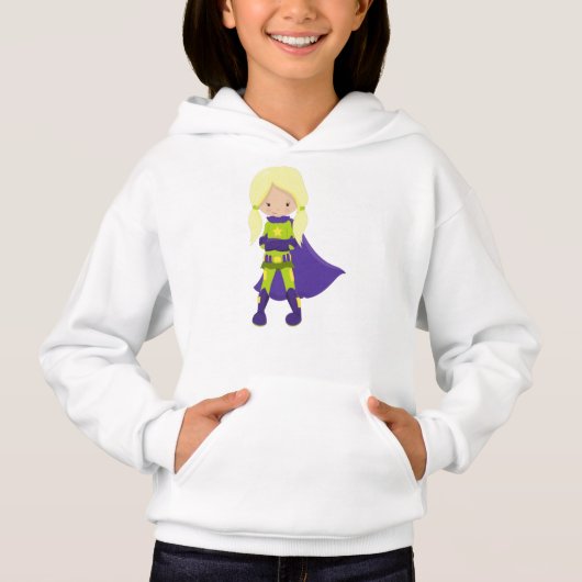Superhero Girl, Blonde Hair, Held, Lila Kap Hoodie (Vorderseite)