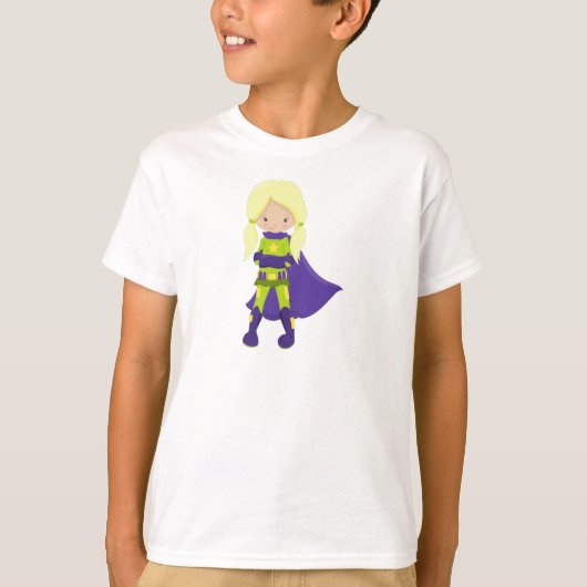 Superhero Girl, Blonde Hair, Held, Lila Kap T-Shirt (Vorderseite)