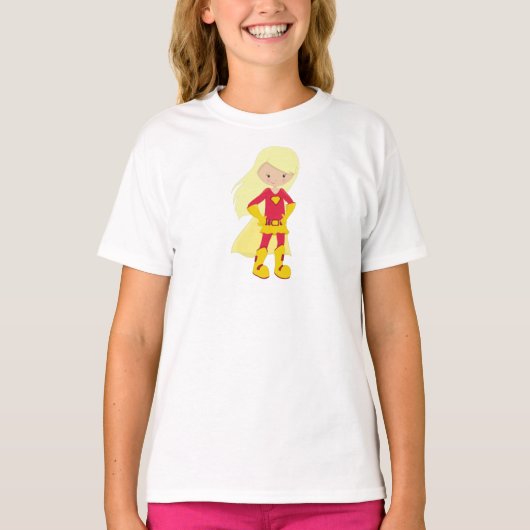 Superhero Girl, Blonde Hair, Held, Rotes Kostüm T-Shirt (Vorderseite)