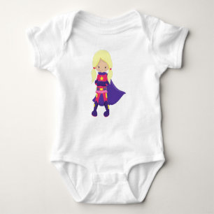 Superhero Girl, Blonde Hair, Lila Kap, Held Baby Strampler